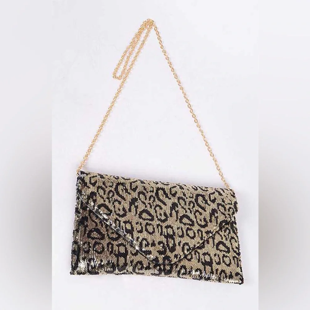 Large Gold & Black Sequin Leopard Animal Print Envelope Bag